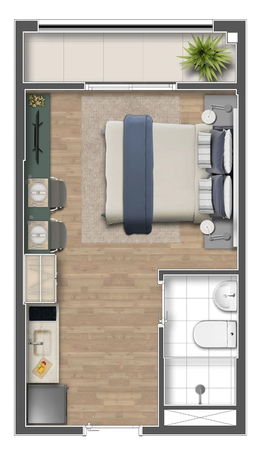 Planta de 21m² do Mundo Apto Estação Brooklin - Jardim das Acácias