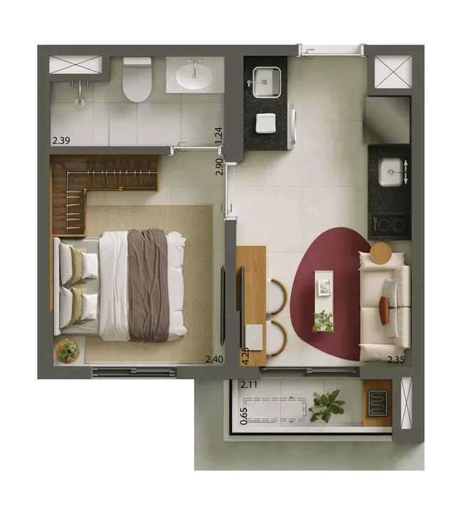 Planta de 25m² do Alves Pinheiros - Pinheiros