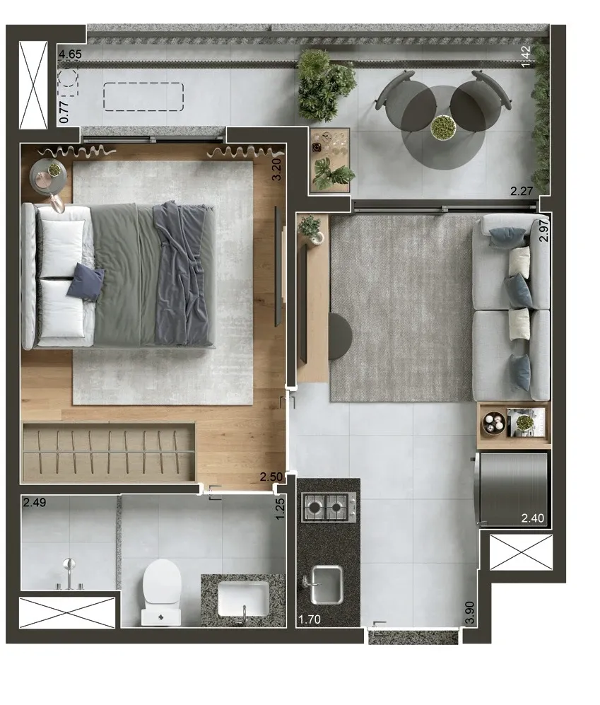 Planta de 29m² do Today Paraíso - Paraíso
