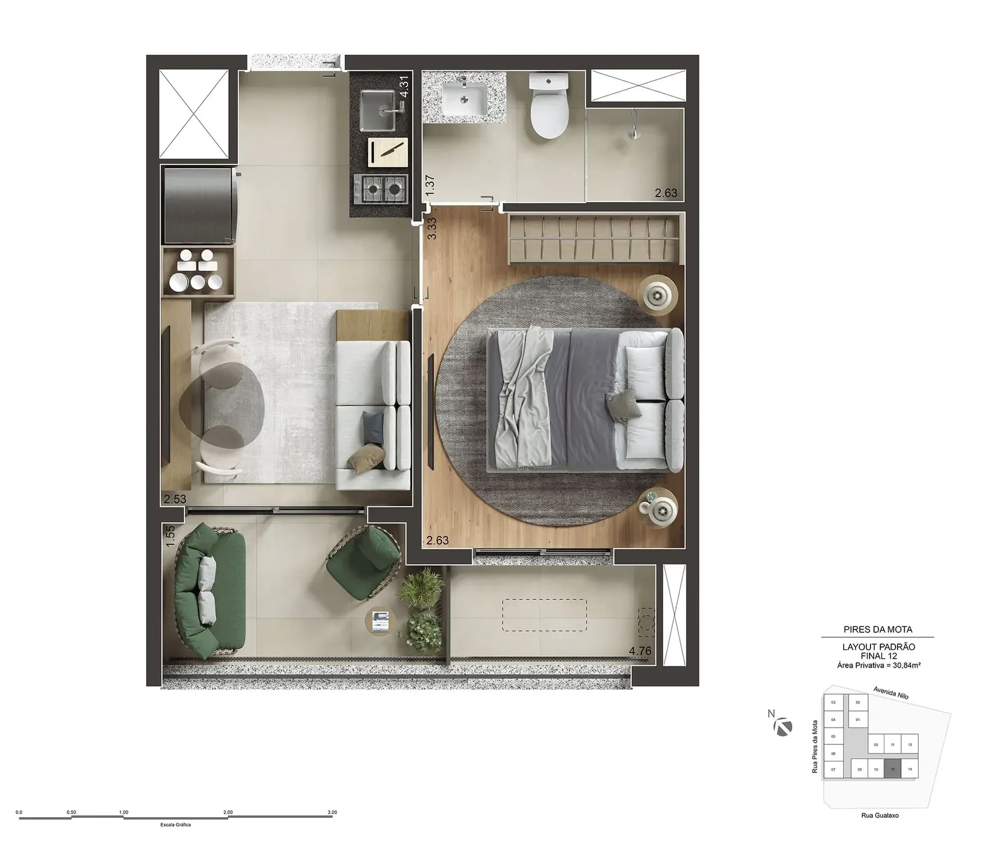 Planta de 30m² do Today Paulista - Aclimação