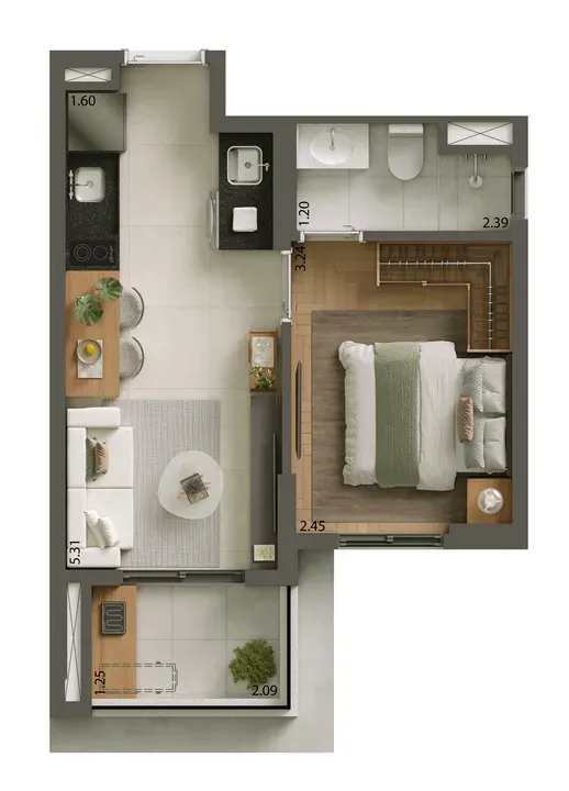 Planta de 30m² do Alves Pinheiros - Pinheiros