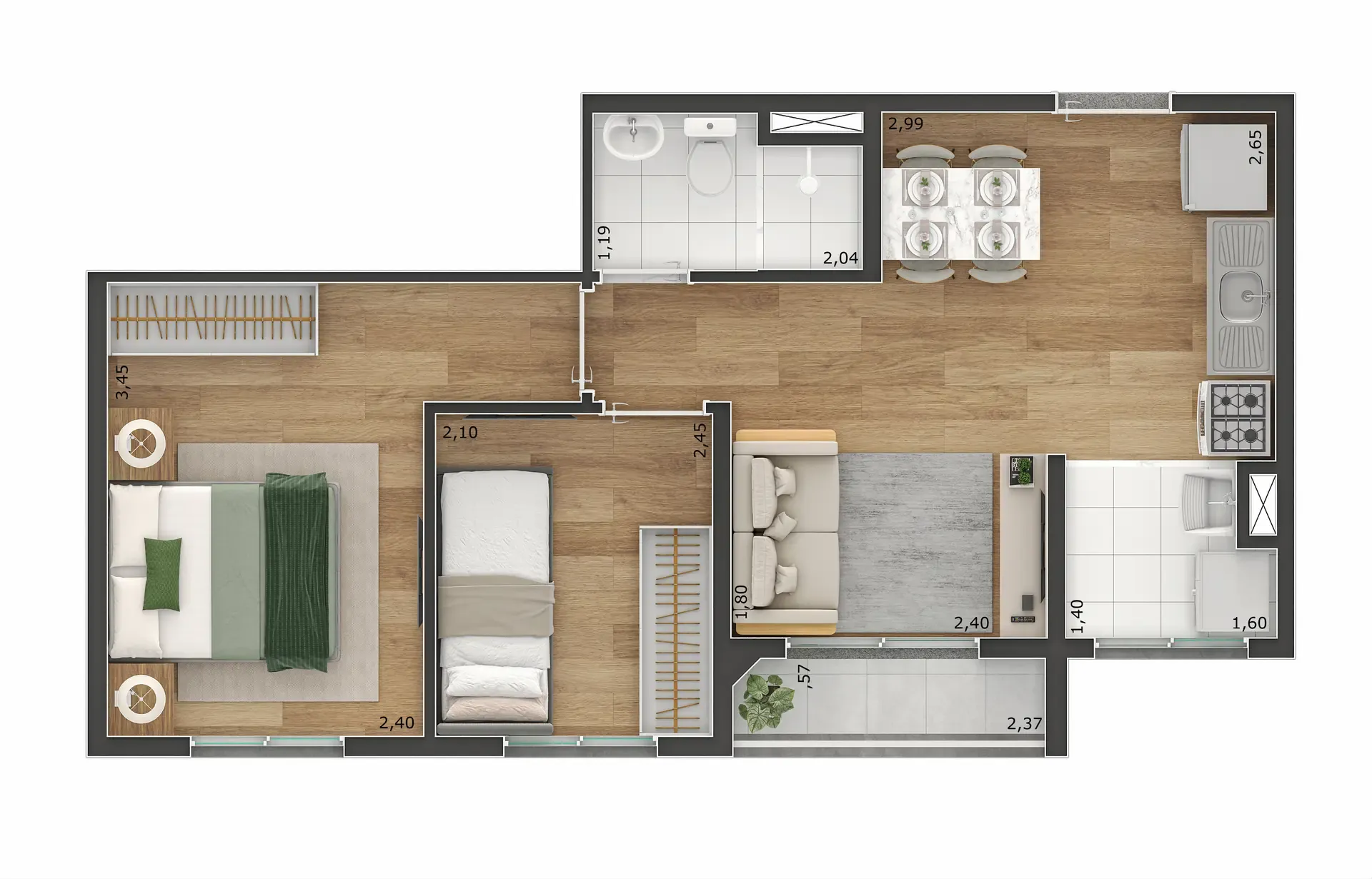 Planta de 39m² do Tee Marajoara - Vila Campo Grande