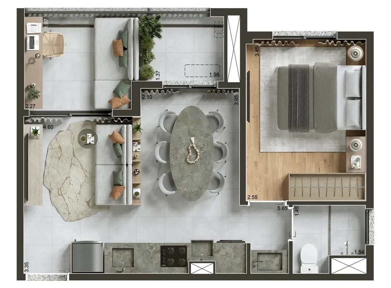 Planta de 42m² do Today Paraíso - Paraíso