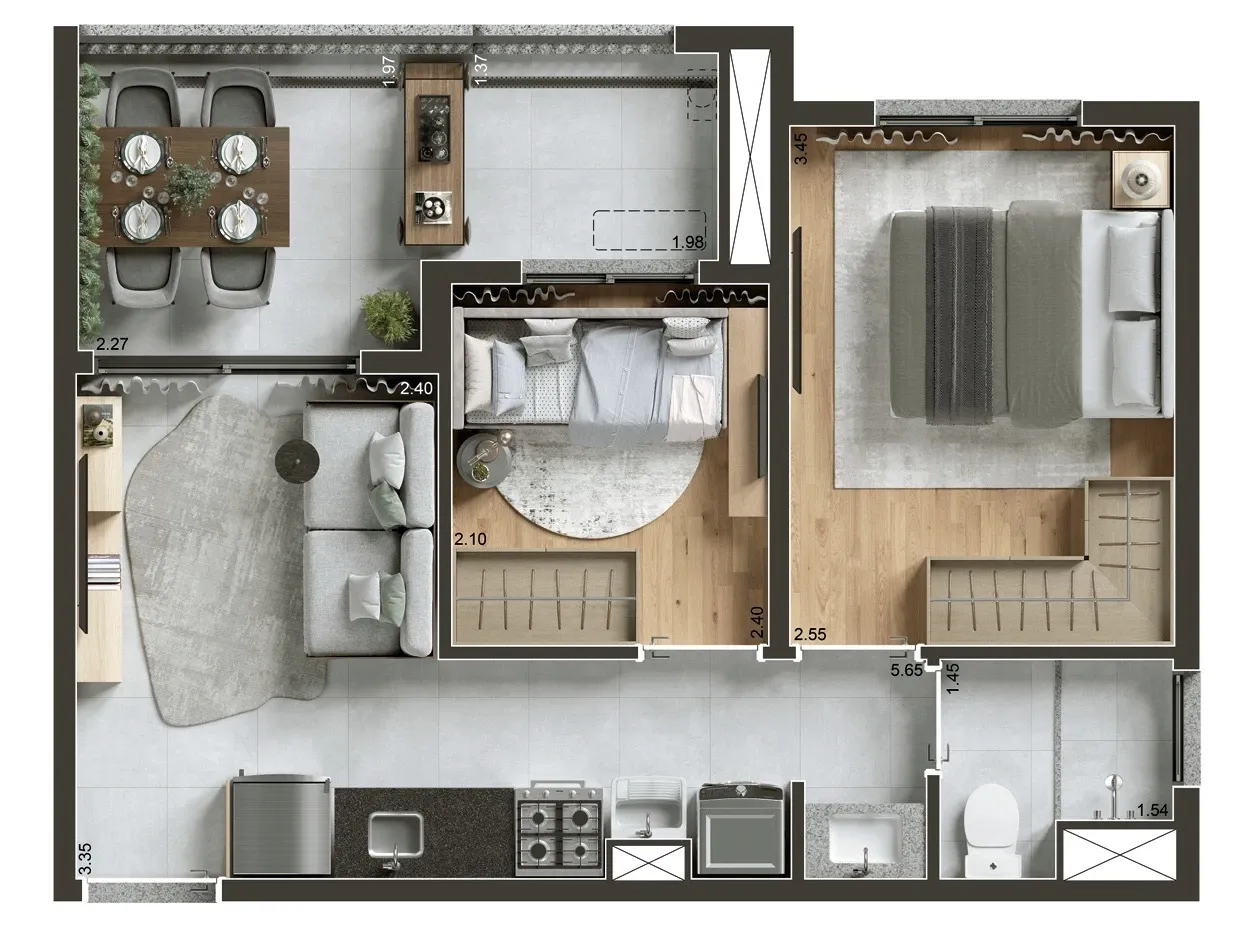 Planta de 42m² do Today Paraíso - Paraíso