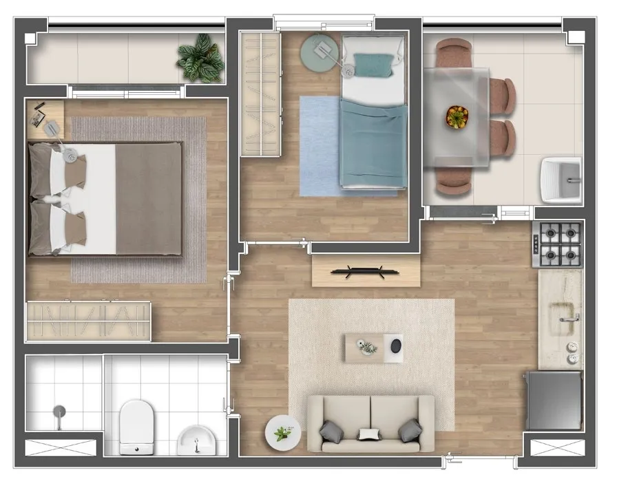 Planta de 42m² do Mundo Apto Estação Brooklin - Jardim das Acácias