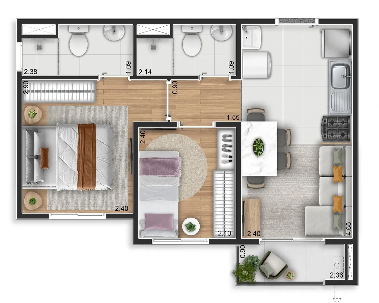 Planta de 37m² do Elev Ipiranga - Ipiranga